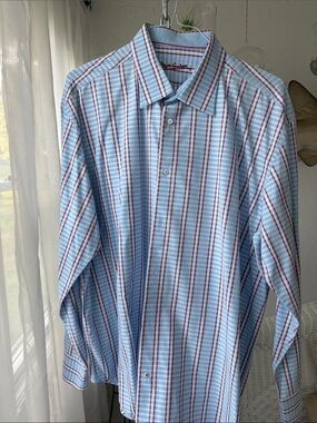 Robert Graham Light Blue Dress Shirt with Burgundy and White Stripes